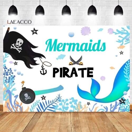 Laeacco Mermaid Pirate Ship Skull Flag Seaweed Pearl Photography Backdrops Custom Photo Backgrounds Baby Shower Photocall Props
