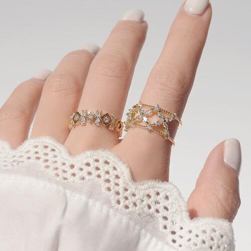 Delicate Jewelry 14K Gold Plated Flower Adjustable Crystal Rings for Women Romantic Cubic Zircon Engagement Rings