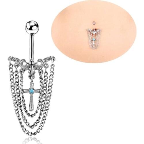Belly Chain Belly Button Ring Body Jewelry Piercing Navel Ring with Tassel Dangle and Cross