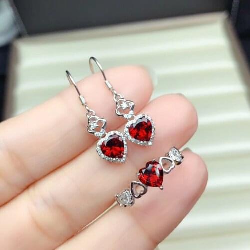 Heart style red garnet ring and hook earrings for women silver jewelry set natural garnet birthstone party gift real 925 silver