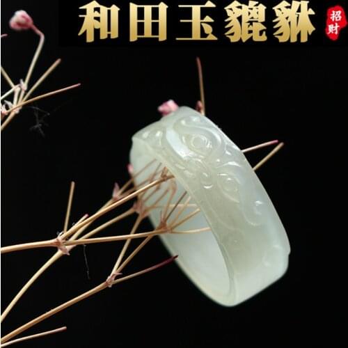 Natural hetian white jade ring, handmade brave troops sculpture simple jade ring, men party wedding jewelry gift rings for woman