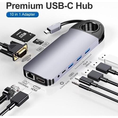 10 in 1 KVM Dock Station HDMI-compatible 4K Monitor USB C Adapter USB 3.0 VGA RJ45 PD for Macbook Pro Type C Docking