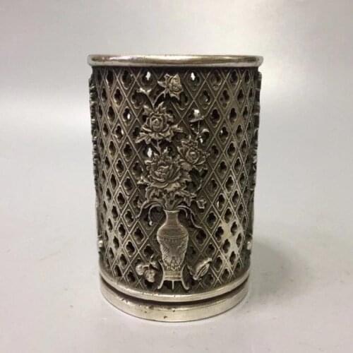 Cupronickel white copper Carving Hollowed out plum, orchid, bamboo and chrysanthemum pen holder pen container Study ornaments