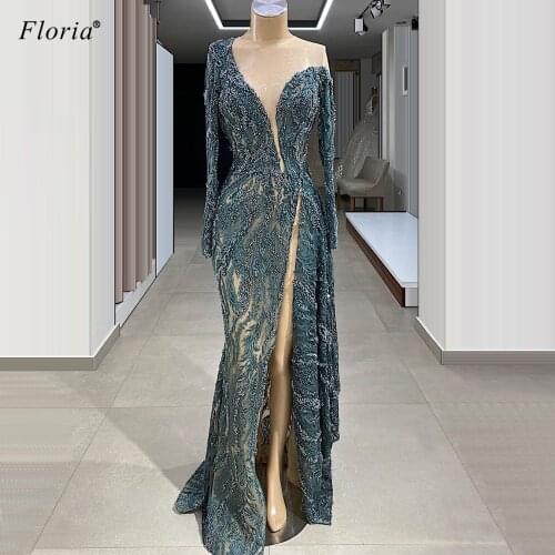 Muslim Dark Green Evening Dresses Lace Long Sleeves Formal Evening Gowns Robe De Soiree Turkish Couture Wedding Party Dresses