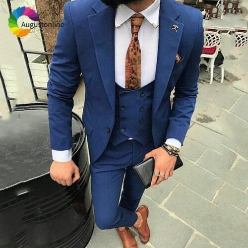 Blue Men Suits Wedding High Street Double Breasted Vest Custom Made Groom Tuxedo Slim Fit Best Man Blazer Masculino 3Piece Terno