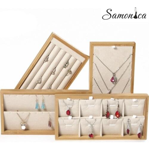 New Fashion Bamboo Velvet Necklace Ring Earrings Organizer Jewelry Storage Plate Jewelry Desktop Finishing Display Tray
