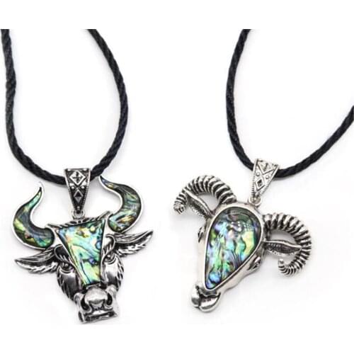 New Style Wholesale 6pcs/Lot Natural Confetti Abaloneshell Pendant Cow Head Sheep Head Alloy Mosaic Necklace With Chain