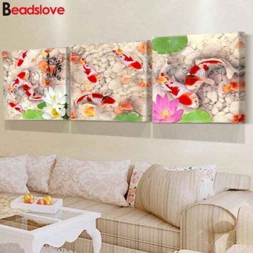 Koi fish Lotus pond landscape Diamond Painting Mosaic diamond Cross Stitch Handmade stickers 3pcs Diamond Embroidery Rhinestone