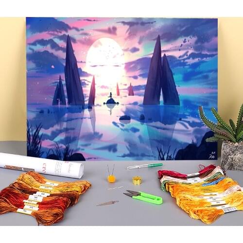 Scenery Reflection Of The Sky Printed Water-Soluble Canvas 11CT Cross-Stitch Embroidery Set DMC Threads Hobby Decor