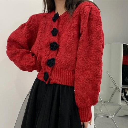 Runway Design Christmas Red 3D Hand Rose High Quality Cardigans Short Sweater 2020 Winter New Puff Sleeve Sweet Coat Jacket