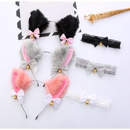 Furry Cat Ears Headwear with Bow Bells Lace Choker Collar Set Headband Accessories for Festival Fluffy Cute Hair Hoop