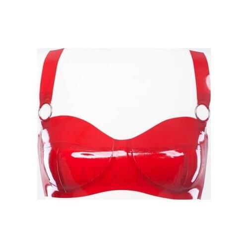 Sexy Womens Red Latex Bra Lingerie Sexy Latex Top Wear Garment with metallic rings