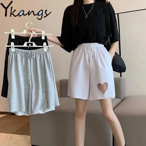 Rhinestone Heart Hollow Fashion Solid Summer 2021 Loose Baggy Shorts for Women Ladies High Waisted Korean Style Clothes Shorts