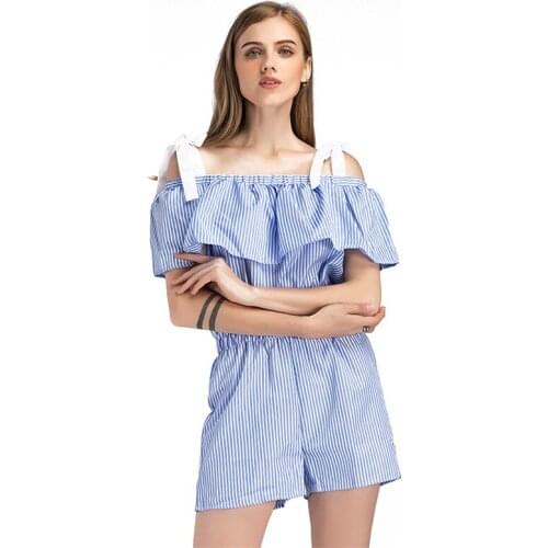 Trending Slash Neck Sling Striped Playsuits Drop Shoulder Ruffles Rompers Girls Short Bodysuits Bow Strap Slash Neck Playsuits