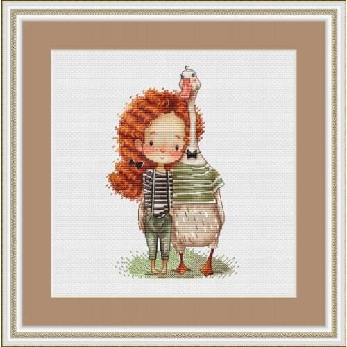 Needlework Cross stitch Handmade 14CT Counted Canvas DIY,Cross-stitch kits,Embroidery Curly girl and duck 21-28