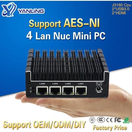 Yanling 4 Gigabit Intel Lan J3160 CPU Pocket Mini Computer Support Pfsense firewall VPN AES-NI Barebone Fanless NUC PC 2*HD