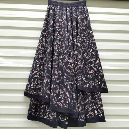Vintage Flower Print Autumn Spring Skirts Koren A-line Skirt Female Elastic High Waist Long Asymmetrical Skirt Women Clothes