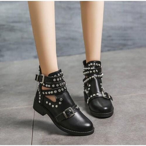 Women Ankle Boots Fashion Rivet Punk Gothic T-strap Shoes Buckle Strap Ladies Chunky Heels Female Party Evening Shoes