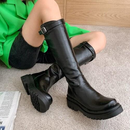 2021 Women Boots Fashion Lace Up Motorcycle boots soft Pu Low Heel Knee High Boots Autumn Wintre Zipper Long Boots Ladies Shoes