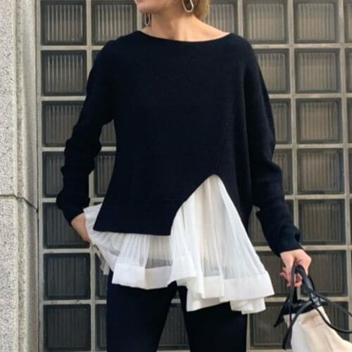 Japanese Office Lady Elegant Split Mesh Patchwork Pullovers O-neck Long Sleeve Sweater Women 2021 Autumn New All-match Knit Tops