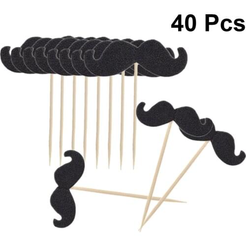 40pcs Moustache Cake Topper Funny Baking Decor Cupcake Toppers Insert Card Picks For Birthday Party Gathering Supplies (Black)