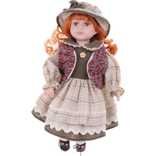 40cm Vintage Porcelain Curly Girl Doll People Figures With Beige Dress Hat