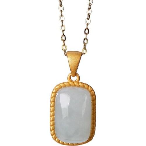 925 sterling silver gold plated Natural emerald Retro Personality simplicity Lucky pendant Ladies Choker Pendant