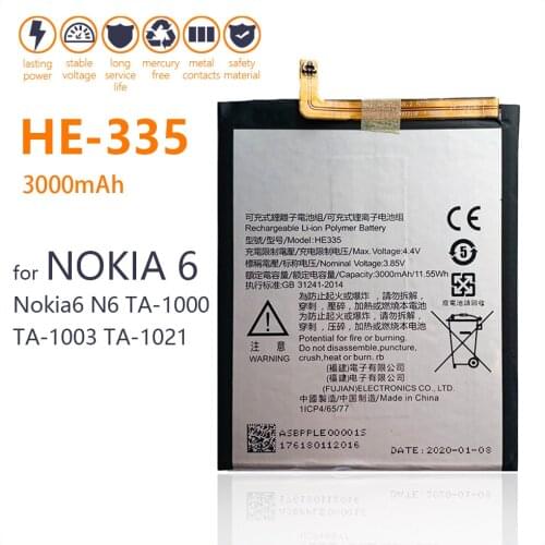 100% Genuine HE335 Battery For Nokia 6 Nokia6 N6 TA-1000 TA-1003 TA-1021 TA-1025 TA-1033 TA-1039 3000mAh Mobile Phone Batteries