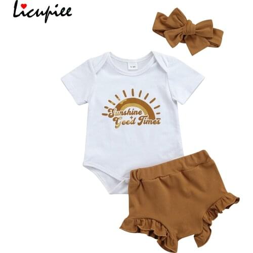 0-18 Months 3 Ocs Letter Baby Girls Clothes Sweet Rainbow Letter Short Sleeve Romper and Short Pants with Headband