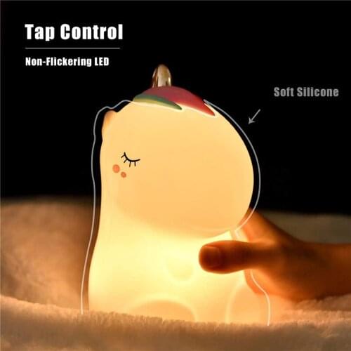 Unicorn Night Light For Kids Cute USB Rechargeable Silicone Touch Sensor 7 Color LED Nightlight Baby Nursery Lamp Battery Built