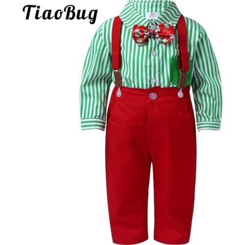 2Pcs Infant Baby Boys Gentleman Outfit Bowtie Long Sleeve Stripes Print Long sleeve Shirt Suspenders Pants Kids Party Clothes