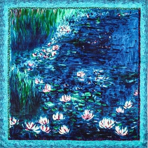 Square Silk Scarf 90cm Handmade Stain Silk Shawls Monet Water Lilies Printed Bag Ribbon Hairbands