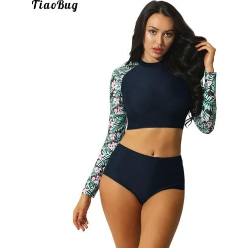 TiaoBug Summer Women 2Pcs Bathing Suit Floral Print Long Sleeve Rash Guard Crop Top With Ruched Triangle Tankini Set Swimwear