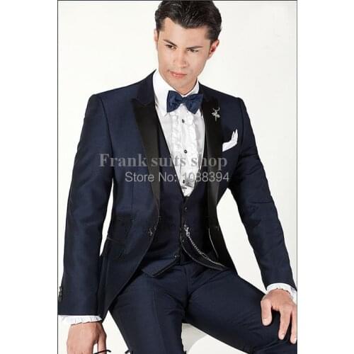 Custom Made Navy Blue Men Suit Peak Lapel Groomsmen Bespoke Men Wedding Suit, Slim Fit Groom Tuxedos For Men (Jacket+Pants+Vest)