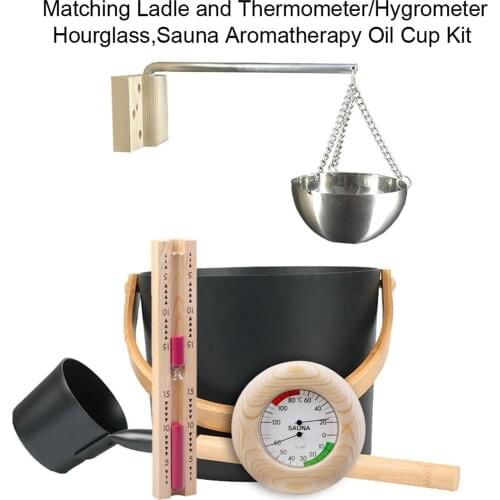 7L Sauna Bucket Set with Long Handle Spoon Hourglass Thermometer/Hygrometer Sauna Aromatherapy Oil Cup kit