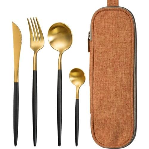 Dinnerware Set Stainless Steel Plating Gold Blue Black Knife Fork Tableware Cutlery Western Food Camping Tableware Bag