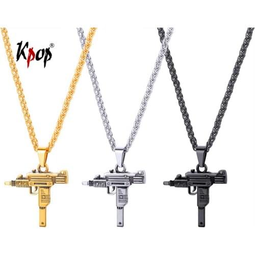 Kpop UZI Gun Shaped Pendant Necklace Punk Jewelry Gold Color Stainless Steel Tommy Gun Charm Necklace for Men GP2594