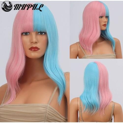 Medium Hair Half Pink blue Wavy Cosplay Natural Synthetic Wig With Bangs For White Women Daily Female Heat Resistant Fiber Wigs