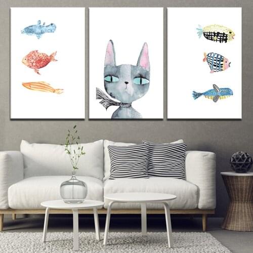 Canvas Poster Art Printing Decor Children Room Cartoon Animal Funny Cute Cat And Fish Vat Painting Nordic Home Wall Pictures