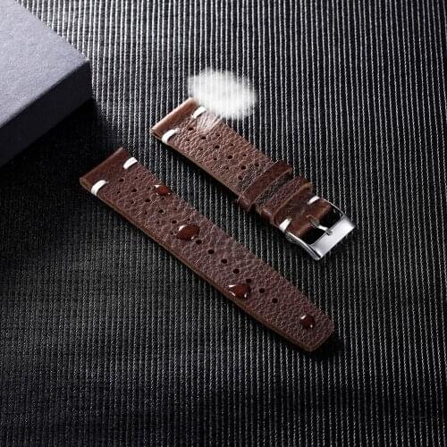 Hand Made Genuine Vintage Leather Watch Strap Rally Racing Perforated Breathable Watchband for Men Women 18mm 20mm 22mm 24mm