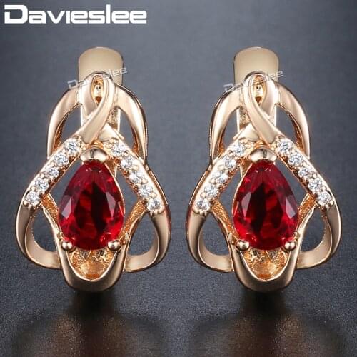 Davieslee Stud Earrings For Women Hear Love Red CZ 585 Rose Gold Filled Paved Clear Cubic Zirconia Womens Earring Fashion DGE99