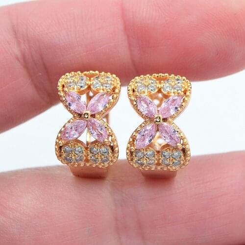 Gold Color Women Pink Cubic Zirconia CZ Bowknot Huggie Hoop Earrings Jewelry