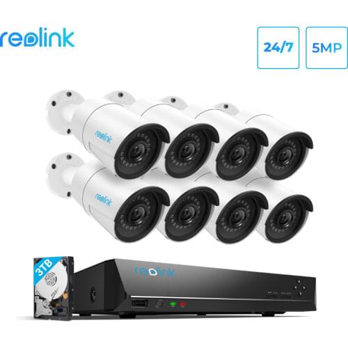 Reolink RLK16-410B8 5MP Camera System 16ch PoE NVR&8 PoE IP Cameras Bullet Outdoor Surveillance Kit 3TB HDD 2 SATA Slots