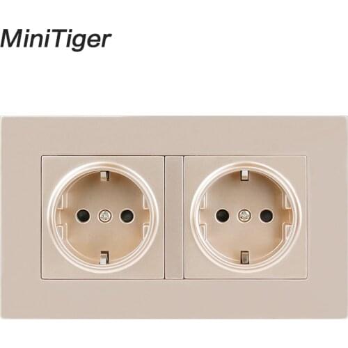 Minitiger High Quality Gold Plastic Wall Power Dual Socket Plug Grounded, 16A EU Standard Electrical Double Outlet 146mm * 86mm