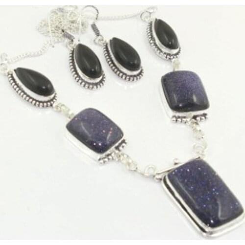 Sun Stone & Black Onyx Necklace Earing Silver Overlay over Copper , 51 cm, N3020