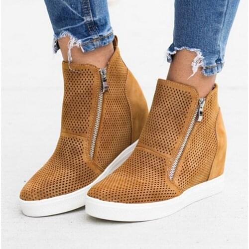 Ladies Vulcanized Shoes Flat Mesh Female Ankle Boots Retro Fall Increase Shoes Leather Zipper Flat Shoes Women Short Boots