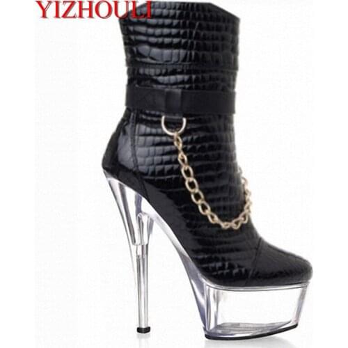 6 inch women short boots winter punk motorcycle boots 15 cm gold chain Platform high heels party shoes star dress ankle boots
