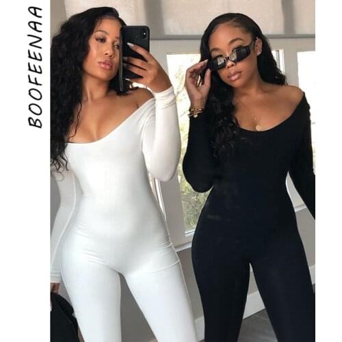 BOOFEENAA Solid Long Sleeve Bodycon Jumpsuit Women Clubwear 2020 Sexy Sporty Fitness One Piece Outfit Black White Brown C70-BH26