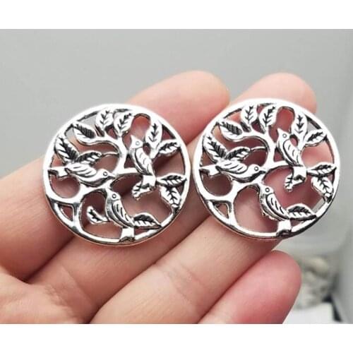 8pcs/lot--33mm, Antique silver plated round bird on tree charms,DIY supplies,Jewelry accessories