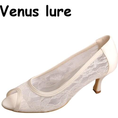 Custom Handmade Peep Toe White Lace Shoes for Women Wedding Mid Heels
